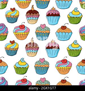 Modello senza cuciture con dolci. Illustrazione vettoriale. Muffin e tortini carini. Texture Illustrazione Vettoriale