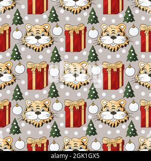 Motivi pastello senza cuciture con teste delle tigri, alberi di Natale, regali. Anno della tigre 2022. Può essere utilizzato per tessuti, imballaggi, carta da imballaggio, tessuti Illustrazione Vettoriale