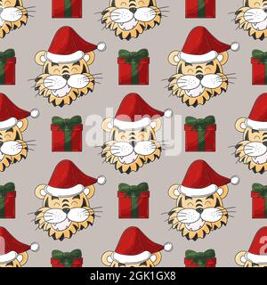 Motivo pastello senza cuciture con punte delle tigri in cappelli e regali di Capodanno. Modello in stile disegno a mano. Anno della tigre 2022. Può essere utilizzato per tessuti ed et Illustrazione Vettoriale