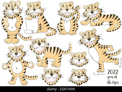Set di tigri pastello in stile disegno a mano. Simbolo di 2022. Facce delle tigri. Anno nuovo 2022. Illustrazioni della collezione Illustrazione Vettoriale