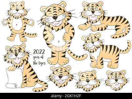 Set di tigri pastello in stile disegno a mano. Simbolo di 2022. Facce delle tigri. Collezione Capodanno 2022 Illustrazione Vettoriale