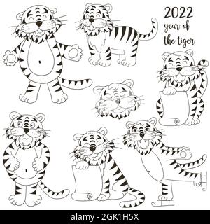 Simbolo di 2022. Set di tigri a mano. Facce delle tigri. Anno nuovo 2022. Illustrazioni da colorare Illustrazione Vettoriale