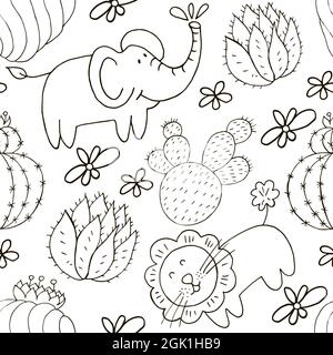 Illustrazione botanica senza giunture. Schema tropicale di diversi cactus, animali esotici. Leone, elefante, fiori monocromatici Illustrazione Vettoriale