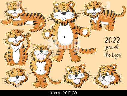 Simbolo di 2022. Facce delle tigri. Set di tigri a mano. Anno nuovo 2022. Collezione di illustrazioni pastello carine per il tuo design Illustrazione Vettoriale