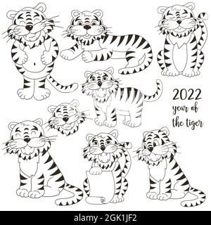 Simbolo di 2022. Set di tigri a mano. Facce delle tigri. Anno nuovo 2022. Illustrazioni vettoriali da colorare Illustrazione Vettoriale