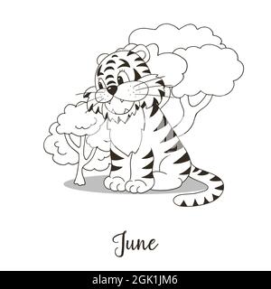 Anno 2022 simbolo per la decorazione del calendario. Giugno 2022. Anno nuovo della Tigre secondo il calendario cinese o orientale. Illustrazione di colorazione a portata di mano Illustrazione Vettoriale