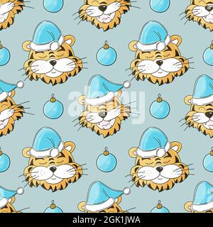 Motivo pastello senza cuciture con punte delle tigri in cappelli di Natale. Ripetizione. Vacanze di Capodanno 2022. Anno della tigre. Può essere utilizzato per il tessuto, confezionamento a Illustrazione Vettoriale