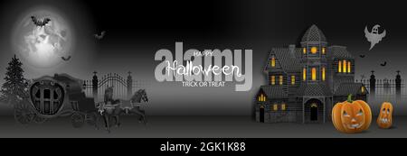 Banner di Halloween con casa infestata, zucche e carrozza vecchia con cavalli Illustrazione Vettoriale