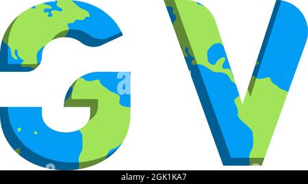 Design iniziale del logo GV con stile Mappa del mondo, branding aziendale con logo. Illustrazione Vettoriale