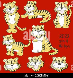 Simbolo di 2022. Set luminoso di tigri con disegno a mano. Facce delle tigri. Anno nuovo 2022 Illustrazione Vettoriale