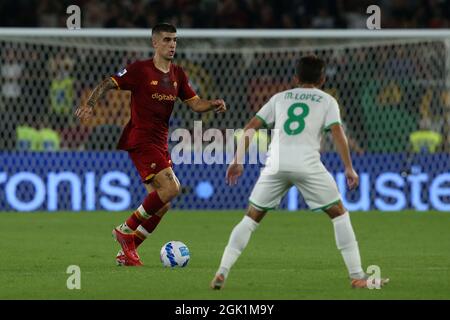 Roma, Italia. 12 settembre 2021. Roma, Italia Settembre 12 2021. Gianluca Mancini (Roma) in azione durante la Serie A TIM match tra AS Roma e US Sassuolo Calcio allo Stadio Olimpico di Roma (Photo by Giuseppe fama/Pacific Press) Credit: Pacific Press Production Corp./Alamy Live News Foto Stock