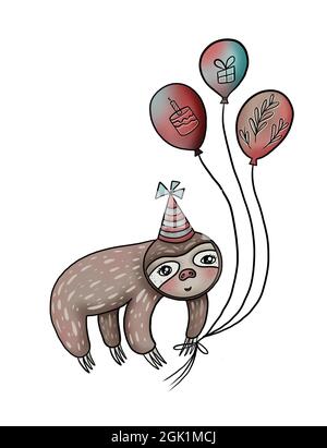 Illustrazione di un simpatico sloth marrone con un cappellino festivo sulla testa e palloncini su uno sfondo bianco isolato. Foto Stock