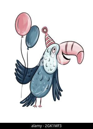Illustrazione di un simpatico toucan blu con un grande becco rosa con un cappellino festivo sulla testa. E palloncini in mano su uno sfondo bianco isolato. Foto Stock