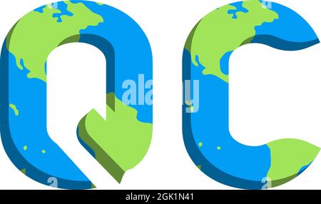 Design iniziale del logo QC con lo stile della mappa mondiale, branding aziendale con logo. Illustrazione Vettoriale