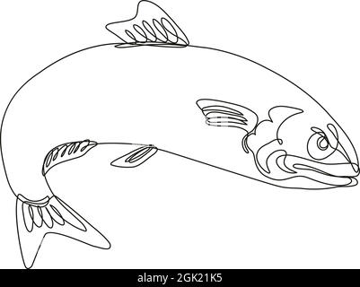 Illustrazione di un disegno a linea continua di un arrabbiato pesce sardine dell'aringa atlantica che salta fatto in monoslinea o in stile di doodle in bianco e nero su isolato Illustrazione Vettoriale