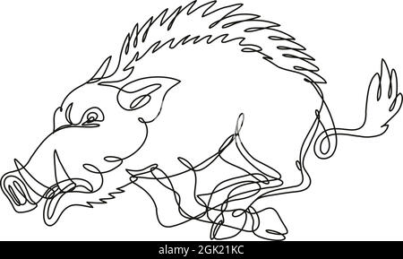 Disegno a linee continue di un cinghiale razorback che corre attaccando la vista laterale fatto in mono linea o doodle stile in bianco e nero su iso Illustrazione Vettoriale