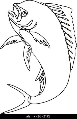 Linea continua disegno illustrazione di un pesce di delfino di dorado o mahi mahi saltando su fatto in monlinea o stile di doodle in nero e bianco su isolato Illustrazione Vettoriale