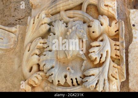 Antico bassorilievo romano intagliato di un cavallo circondato da tendri di piante sull'Arco Severan presso la storica rovina di Leptis Magna sulla costa settentrionale Foto Stock