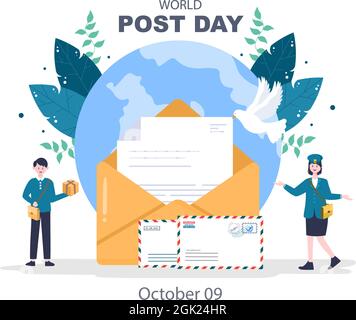 World Post Day sfondo che viene celebrato il 9 ottobre con Mail Box, Mappa, Bird o lettera di saluto, Poster, Profilo foto. Illustrazione vettoriale Illustrazione Vettoriale