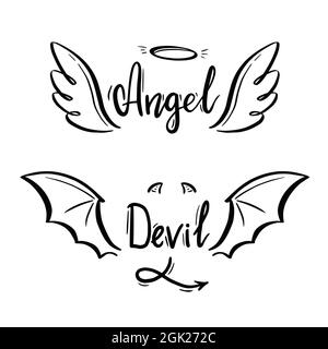 Illustrazione vettoriale stilizzata di Angel e diavolo. Angelo con ala, alone. Diavolo con ala e coda. Stile di schizzo della linea disegnata a mano. Illustrazione Vettoriale