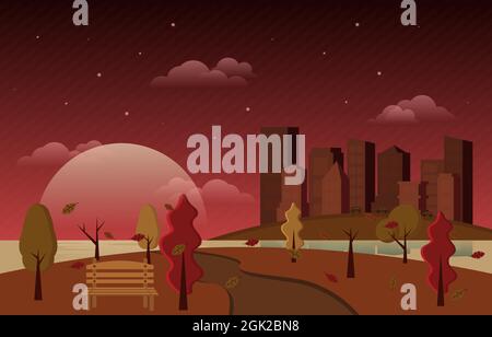 Autunno Autunno Stagione Grande Luna Città edificio paesaggio urbano Flat Design Illustrazione Illustrazione Vettoriale