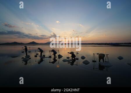 Bel campo di sale nella provincia di Khanh Hoa nel Vietnam centrale Foto Stock