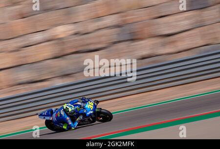 Alcaniz, Spagna. 12 settembre 2021. Joan Mir del Team Suzuki Ecstar in Spagna compete durante la gara MotoGP del Gran Premio d'Aragona ad Alcaniz, Spagna, 12 settembre 2021. Credit: Str/Xinhua/Alamy Live News Foto Stock