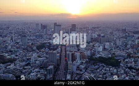 Vista Ariel della città di Tokyo al tramonto. La regione di Tokyo è il principale centro industriale giapponese, con una base produttiva altamente diversificata. Foto Stock