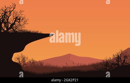 Fantastico panorama sulle montagne al tramonto dalla campagna con sagome di alberi asciutti intorno ad essa. Illustrazione vettoriale di una città Illustrazione Vettoriale