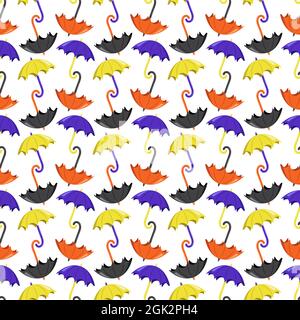 Motivo senza cuciture con ombrelloni gialli, rossi e viola su sfondo bianco. Cute stampa autunnale per tessuti, carta da imballaggio e design Illustrazione Vettoriale