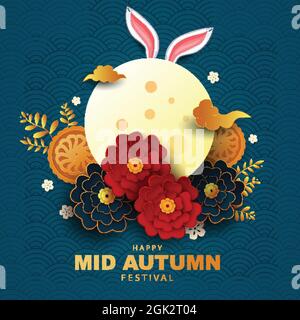 Happy Mid Autumn Festival illustrazione di saluto in tradizionale design d'arte cinese, con fiori e motivi. Illustrazione Vettoriale