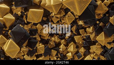 Forme geometriche oro e nero, ottaedro. Per posizionamento di logo e titoli, evento, concerto, presentazione, sito. Sfondo 4K astratto Foto Stock