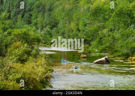 Kayak sulle Gorges du Tarn, Parc National des Cévennes, Francia Foto Stock
