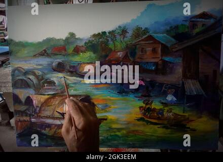 Disegno a mano pittura d'arte colore dell'olio disegno di fondo del mercato galleggiante dalla thailandia Foto Stock