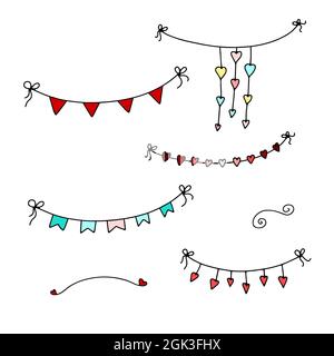 Set Doodle Valentines Day Garlands. Festone disegnato a mano isolato su sfondo bianco. Colori decorazione festiva con cuori, bandiere, nastri, archi. VECTO Illustrazione Vettoriale
