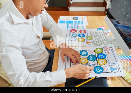 Il progettista UX riorganizza le icone sul layout dell'applicazione mobile quando parla con il project manager Foto Stock