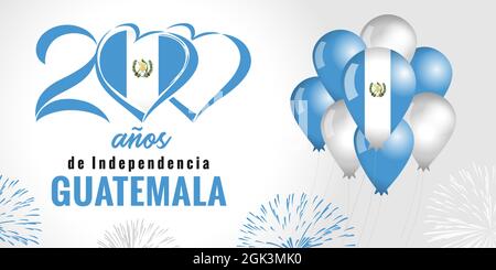 200 anos de Independencia Guatemala, testo spagnolo - 200 anni anniversario Indipendenza giorno dalla Spagna. Sfondo celebrazione con fuochi d'artificio, bandiera in Illustrazione Vettoriale
