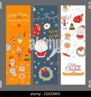 Set di banner web con elementi di design di Natale in stile doodle. Carte di Natale. Vettore Illustrazione Vettoriale