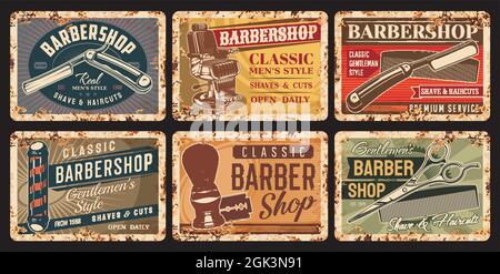 Barbiere e piatti arrugginiti per taglio di capelli. Gentiluomini parrucchiere, stilista o barbiere attrezzature grunge segno di latta, vintage banner vettoriali con razo diritto Illustrazione Vettoriale