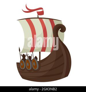 Drakkar in stile cartone animato. Bellissima nave da guerra scandinava. Illustrazione Vettoriale