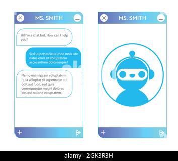 Finestra di chat bot con pagina iniziale. Interfaccia utente dell'applicazione con finestra di dialogo in linea. Conversazione con un assistente robot Illustrazione Vettoriale
