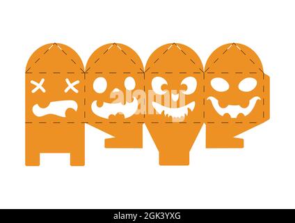 Halloween trattare scatola con zucche spaventose. Jack-o-lantern confezione regalo viso party per dolci, caramelle, piccolo regalo, panetteria. Fustella semplice Illustrazione Vettoriale