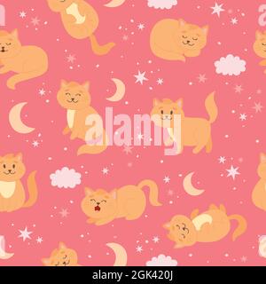 I gatti si presentano con luna, stelle e nuvole. Carino personaggio gatto zenzero in stile cartoon, illustrazione vettoriale Illustrazione Vettoriale