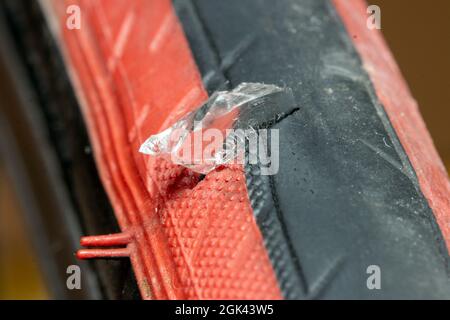 Lo pneumatico della bicicletta è danneggiato da uno strutto di vetro, vista ravvicinata. Foto Stock