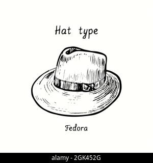 Tipo Hat, fedora. Immagine del disegno in bianco e nero con inchiostro Foto Stock