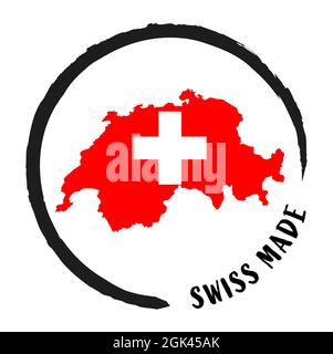 file vettoriale eps con timbro commerciale, toppa rotonda ' Swiss made ' con silhouette di colori svizzeri e nazionali Illustrazione Vettoriale