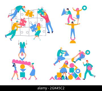 Insieme di lavoro di squadra e metafora di cooperazione. Uomini d'affari e donne che collegano elementi puzzle. Illustrazione del vettore Flat Art Illustrazione Vettoriale