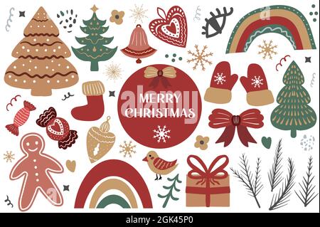 Allegro Natale Boho Set elementi. Bohemian Holiday Collection clip art stile disegno a mano. Pan di zenzero, albero di Natale, regali. Illustrazione vettoriale Illustrazione Vettoriale