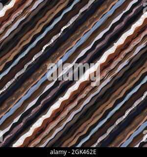 Composizione multicolore di strisce diagonali frastagliate in tonalità di marrone, blu e bianco. Foto Stock