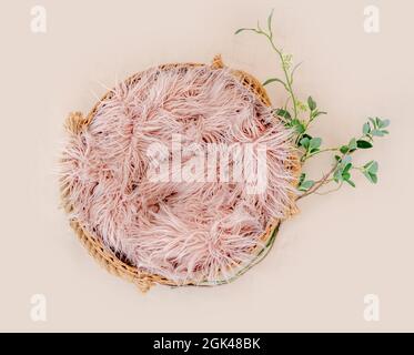 Bellissimo sfondo per fotosessione neonato con fiori idrangea. Composito digitale con vasca riempita con coperta a maglia isolata su ba rosa chiaro Foto Stock